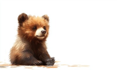 Obraz premium A cute baby bear sitting on the ground, surrounded by a serene natural landscape in the background
