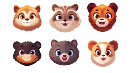 Fototapeta premium Cute cartoon animal heads, diverse animal faces, adorable animal portraits, happy animal expressions, animal characters, childish animal illustrations, kids animal designs.
