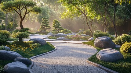 A peaceful zen garden with a stone pathway, raked gravel, and bonsai trees, calming and precise