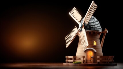Obraz premium Wooden windmill model on dark background.