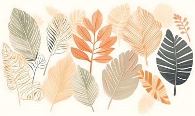 Seamless background with watercolour bright leaves. pastel illustration of tropical leaves. 