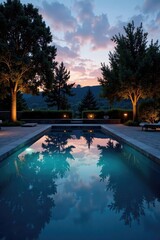 Darkened pool water reflected serene landscape at dusk, pool, water, trees
