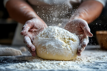Artisan Baker Kneading Fresh Dough with Flour Flying in Rustic Kitchen.
