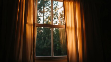 Fototapeta premium Sunlight through window, morning light, trees outside, home interior, tranquil scene, for relaxation