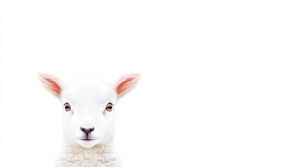 Fototapeta premium A cute white lamb gazing directly at the viewer against a plain white background, evoking innocence