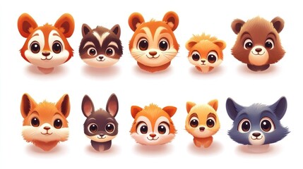 Cute cartoon animal heads in various colors and styles, isolated on white background.