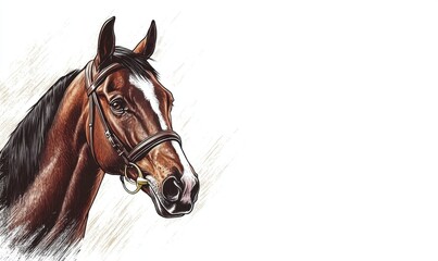 Fototapeta premium A detailed illustration of a brown horse with a bridle, showcasing its majestic features against a light background
