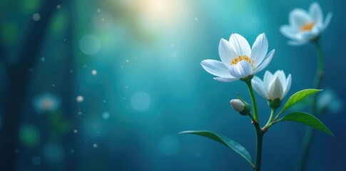 Delicate bamboo flower blooming under blue soft focus light, floral, blue lights