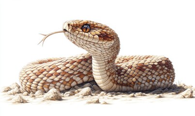 Fototapeta premium A detailed illustration of a snake coiled on sandy terrain, with its tongue flicking and a neutral background