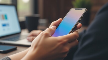 Close-up of hands holding a smartphone, displaying a gradient screen.  A laptop and phone are blurred in the background, suggesting work or online activity.
