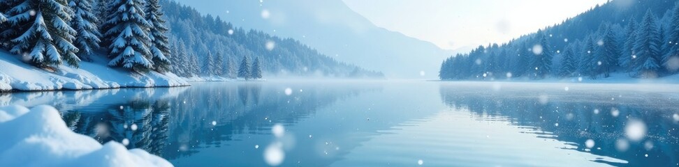 Frozen lake with snowflakes gently falling on it, cold climate, winter wonderland,
