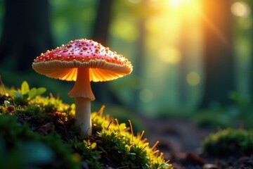 Fungal cap glows softly in sunlight filtering through forest canopy, woodland, glowing mushroom, nature