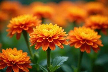 Full bloom chrysanthemum flowers in a garden with orange hues, garden, flowers, stems