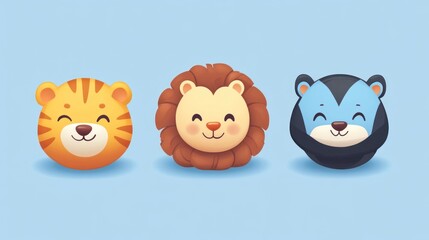 Obraz premium Cute cartoon animal heads, tiger, lion, and panther. 