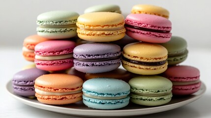 Obraz premium Colorful macarons stacked on a plate.