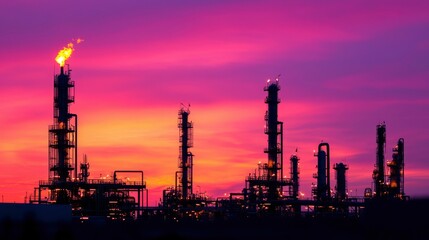 Obraz premium Oil refinery at sunset silhouette