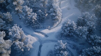 Video generation of a quiet snowy landscape with pine trees covered in snow and a winding path. Featuring winter serenity and calm