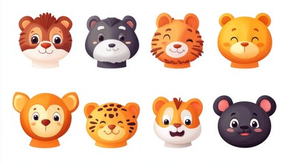 Cute cartoon animal heads, various expressions. (1)