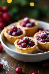 Miniature pastry tarts filled with cranberry compote and topped with powdered sugar in a bowl, christmas, centerpiece, dessert