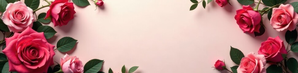 Fototapeta premium Luxurious rose & leaf frame; rich color, perfect for elegant projects , flowers, pink