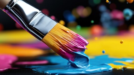 Fototapeta premium Paintbrush applying vibrant pink and blue paint onto a colorful canvas, with paint splatters in motion.