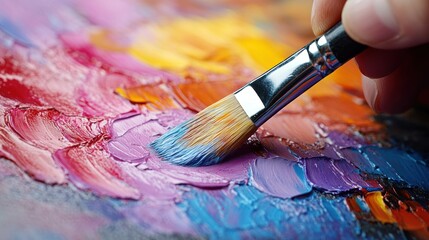 Fototapeta premium Close-up of a hand holding a paintbrush mixing vibrant oil paints on a palette.
