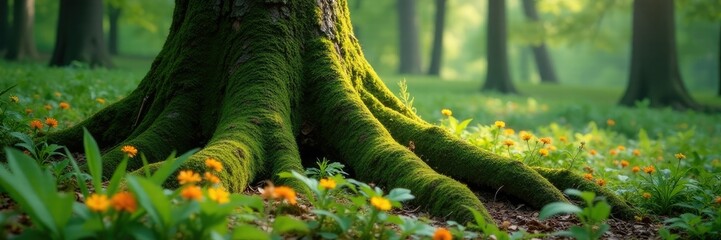 Moss-covered trunk rises above ferns and wildflowers, landscape, foliage