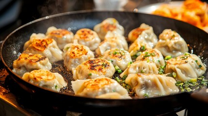 Fried dumplings in a pan, steam rising, food preparation