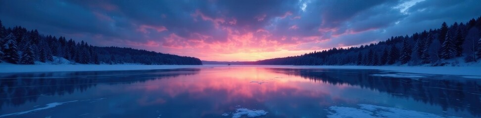 Fototapeta premium Night sky reflected on frozen lake surface of snowy field, mirror, reflection, frozen