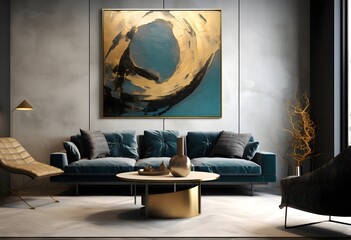 Modern interior design with sofa and abstract gold and teal paintings 