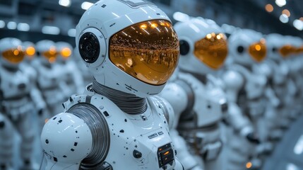 Rows of futuristic white robots in astronaut suits stand in a hangar.