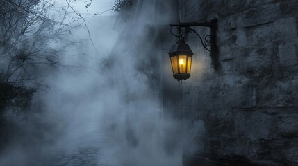 Eerie street lamp illuminates a foggy path on a dark mysterious night