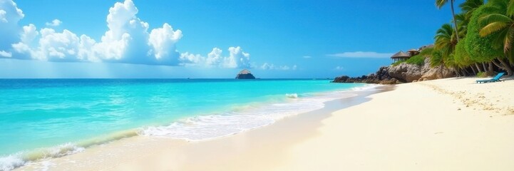 Obraz premium Azure sky over pristine sandy beach, turquoise waves , seascape, coast, sky