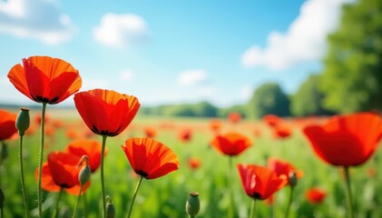 Naklejka premium Vibrant red poppies bloom in a sun-drenched summer meadow , flora, day