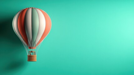 Pastel-colored hot air balloon floats against a teal background.