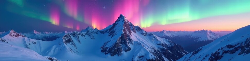 Snow-capped peaks of colorful mountains reflect the soft hues of an aurora borealis, peak, crystal