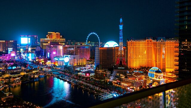 Aerial view of The Las Vegas Strip showcasing iconic hotels and casinos at night. Las Vegas NV USA - 19.09.2023