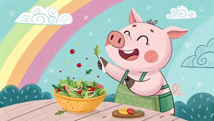Cheerful pig preparing a fresh salad under a rainbow