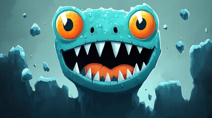 Cartoon teal monster's head erupting from rocks.