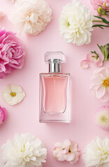 A perfume bottle placed on a light pink background surrounded by soft flowers with natural details