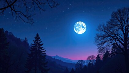 The night sky is painted with hues of blue and purple under a full moon shining through a gap in bare tree branches, stars, evergreen