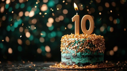 Elegant 10th Birthday Cake with Golden Candle and Glitter Against a Festive Bokeh Background
