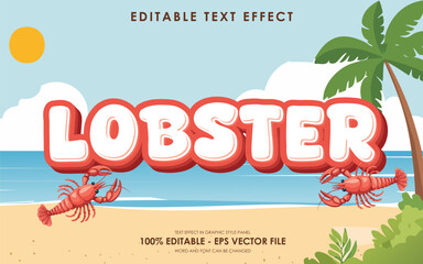 editable lobster sea animal text effect, with beach background and cube lobster illustrations