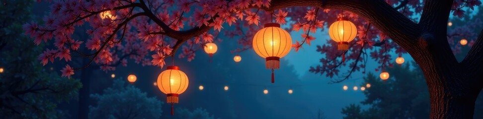 Fototapeta premium Tree with glowing lanterns hanging from branches, moonlight, lanterns