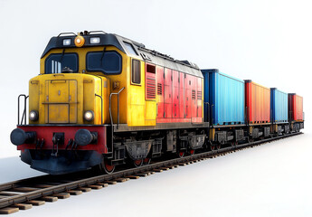 Obraz premium A yellow and blue train with cargo containers on the sides, isolated on a white background. 3D rendering illustration