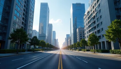 Gleaming skyscrapers flank empty asphalt road , modern, metropolis, downtown