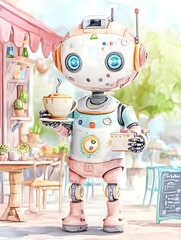 Naklejka premium Cute Robot Serving Coffee at Cafe - AI art