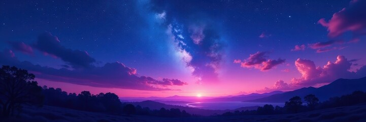 Fototapeta premium Deep twilight, vibrant blue and purple sky ablaze with countless stars , tranquil, astrophotography, twinkle