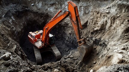 Orange Excavator Digging a Deep Hole in Construction Site