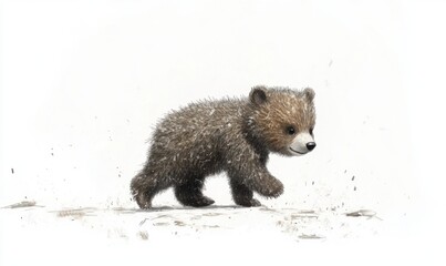 Obraz premium A playful bear cub running through a snowy landscape, with soft snowflakes falling around